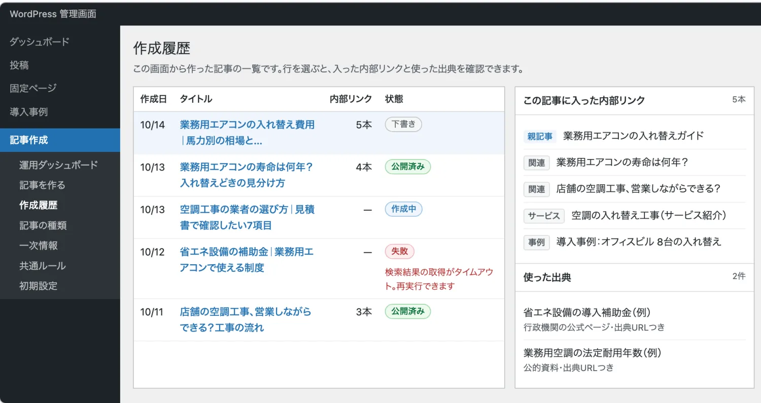 「作成履歴」画面。作った記事ごとに、入った内部リンクと使った出典を確認できる